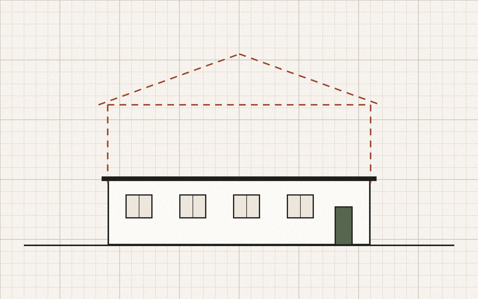 Bungalow med en stiplet 1. sal og tag tegnet ovenpå