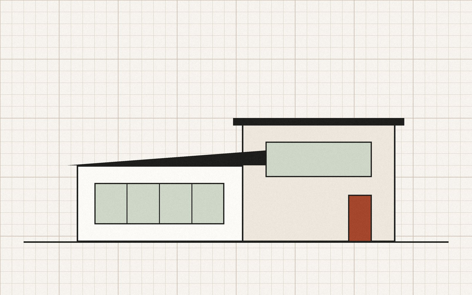Tegning af et moderne arkitekttegnet hus med store vinduer og forskudte flade tage