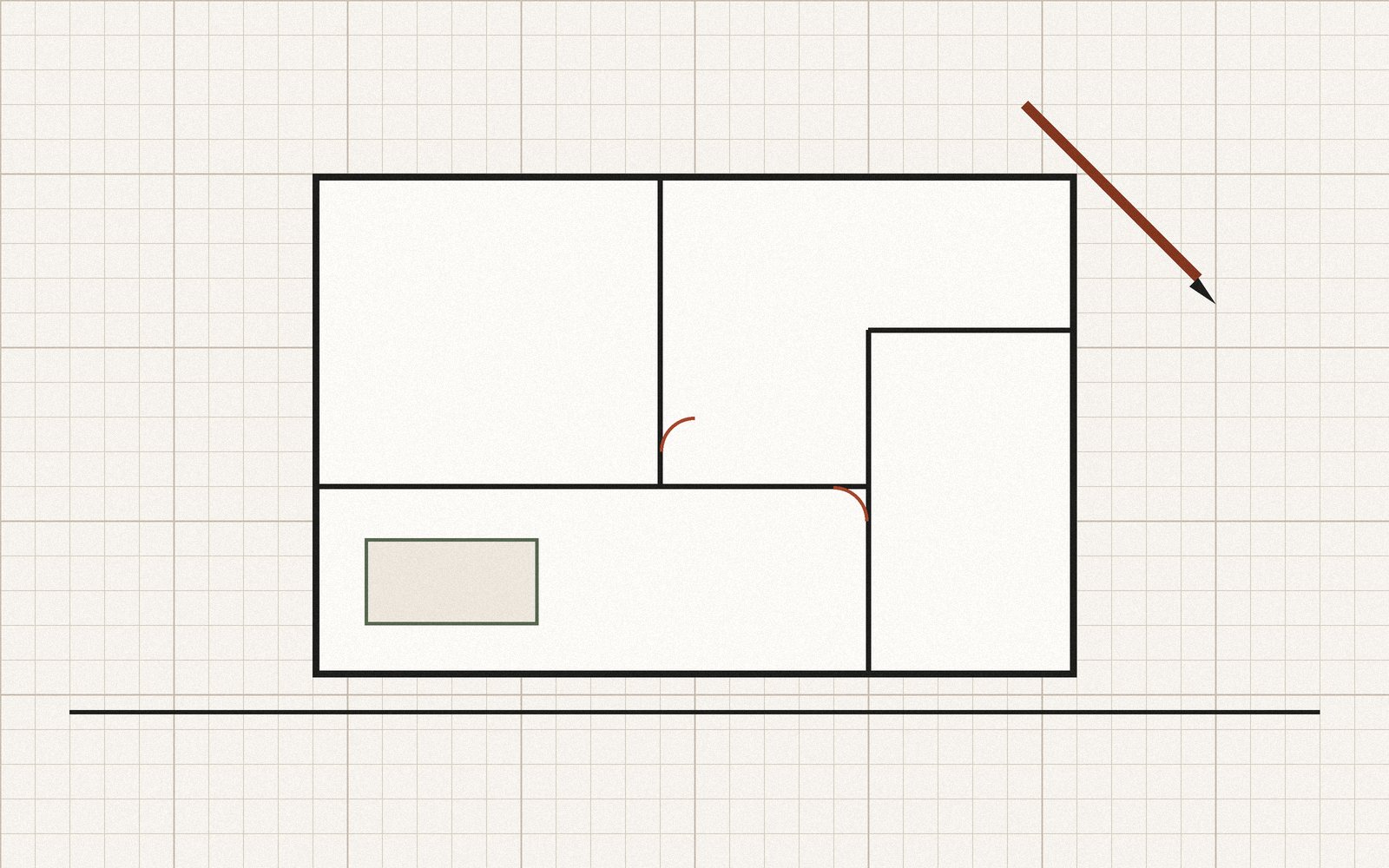 Plantegning af et hus med rum, døre og en blyant, der illustrerer valg af arkitekt