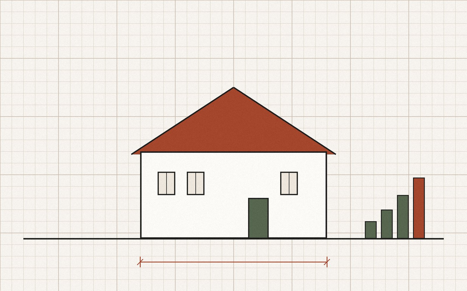 Tegning af et hus med rødt tag, målelinje og stigende søjler, der illustrerer arkitektpriser