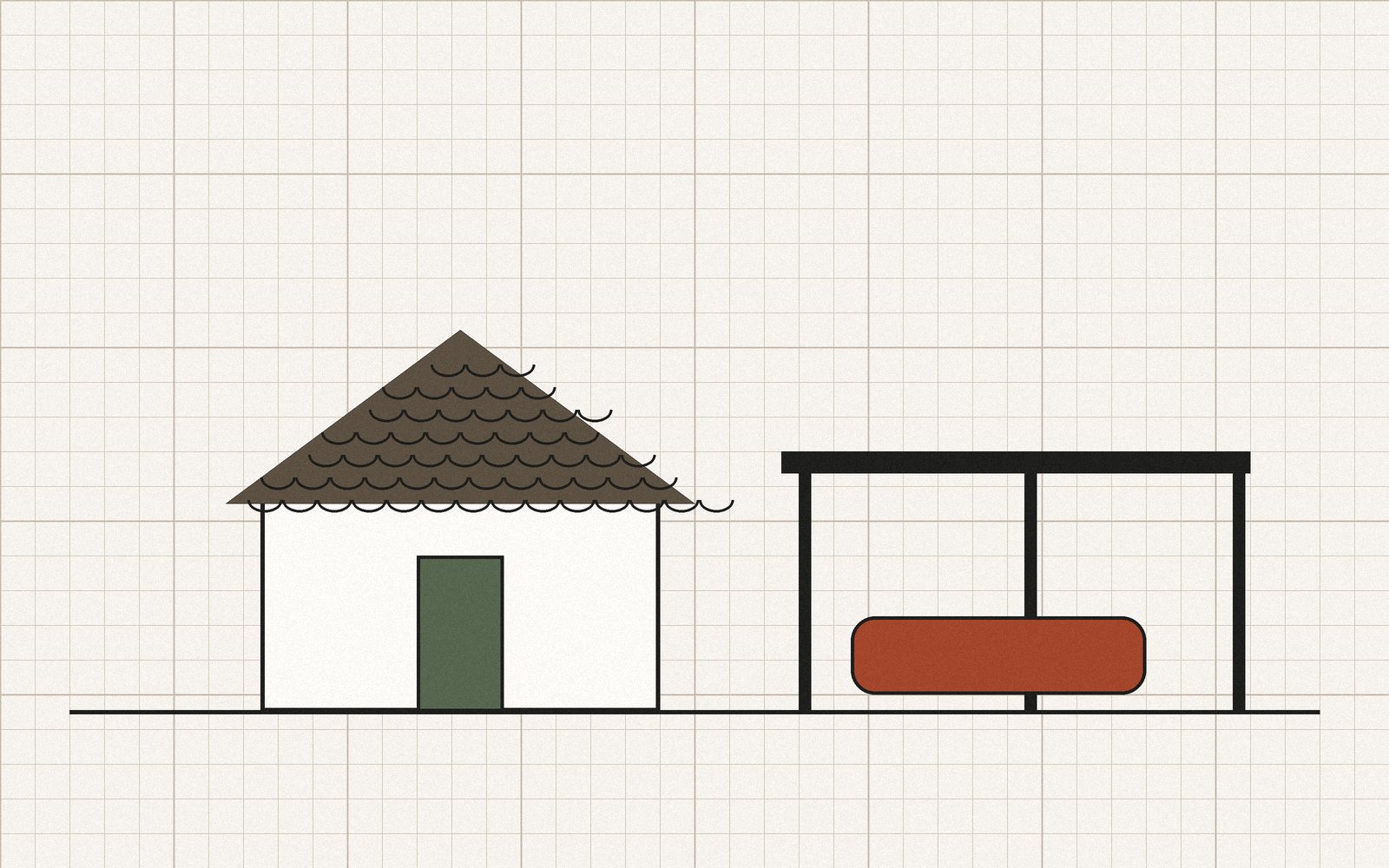 Stregtegning af en carport og et skur med ensidig taghældning, hvor skurets tag er dækket af rækker af shingles formet som små tagsten